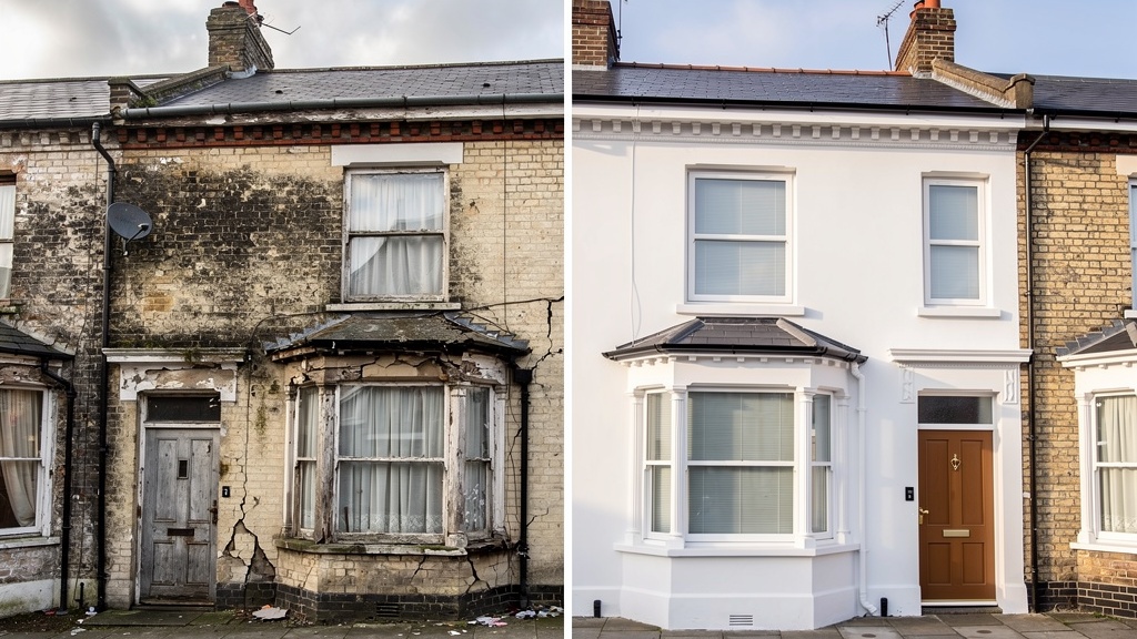 Before and after comparison of a Victorian terraced property in Kent, showing the value of professional building survey advice in identifying renovation needs