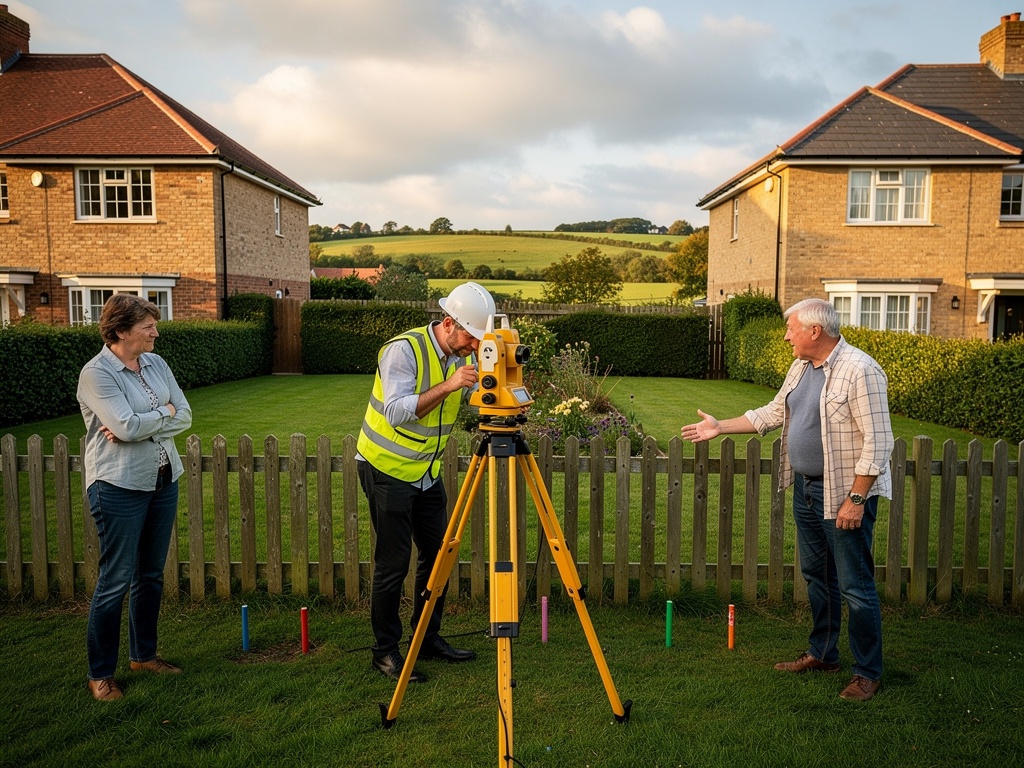 Property boundary dispute with surveyor measuring land boundaries with theodolite in English countryside