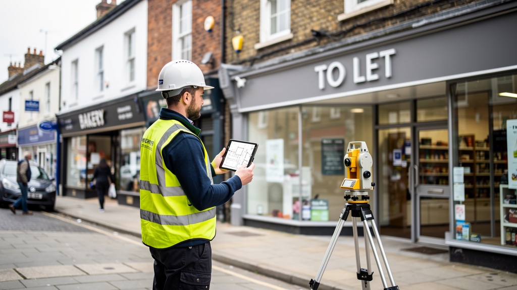 Building surveyor assessing the condition of a commercial property in an East Sussex town centre