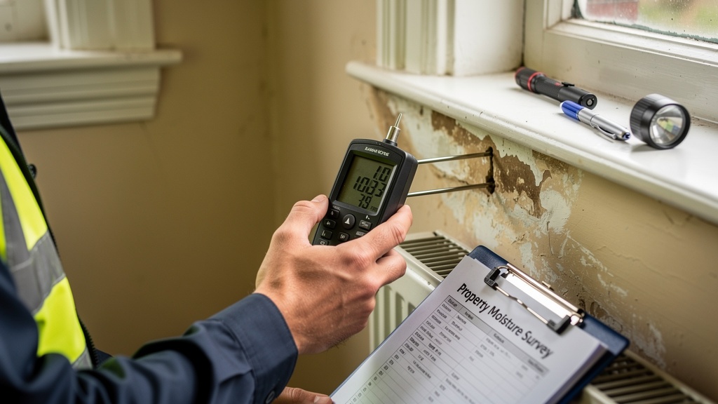 Surveyor using damp meter to check moisture levels in a property wall