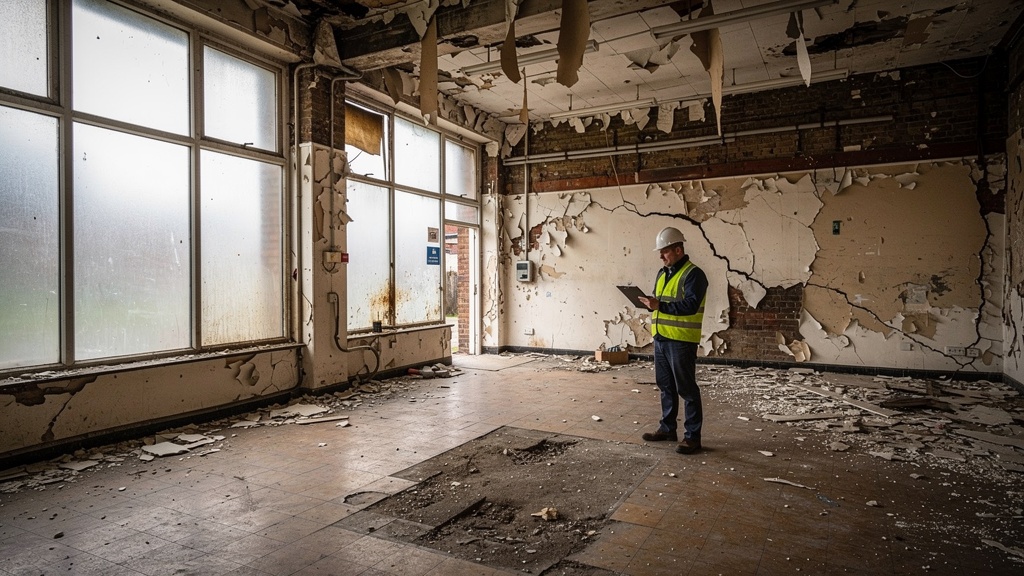 Dilapidations survey being conducted in a deteriorating commercial property with worn floors and crumbling walls