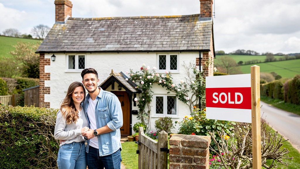 Excited first-time homebuyers standing outside their new home in East Sussex with a sold sign after a successful property purchase