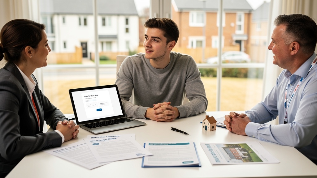 Young professional couple with advisor reviewing Help to Buy scheme documents for property purchase in England