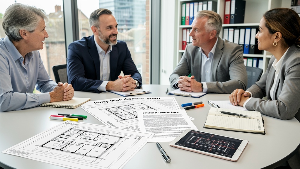Party wall surveyor and two property owners reviewing party wall agreement documents at a professional meeting