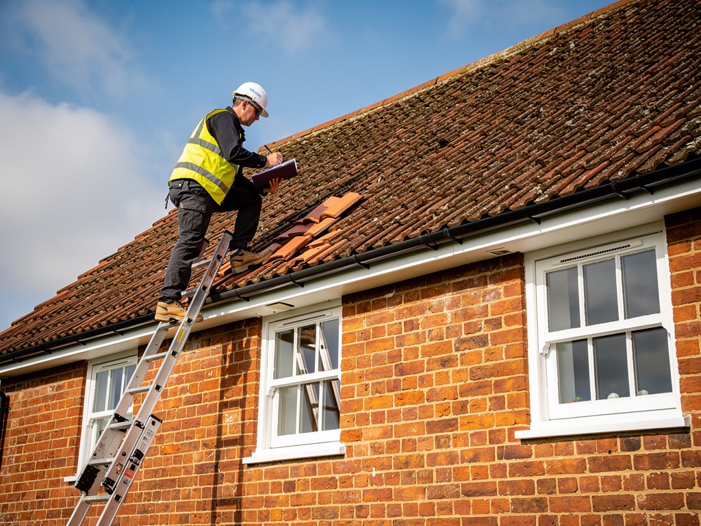 RICS chartered surveyor inspecting a roof on a traditional English house in East Sussex, checking tiles and gutters