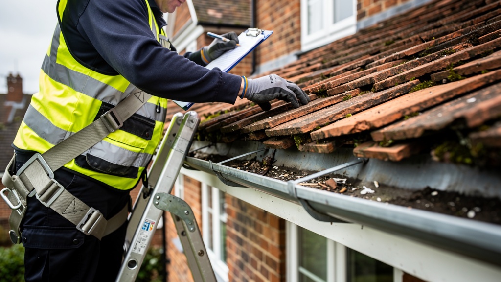 Surveyor inspecting roof tiles and gutters during a detailed building survey of an East Sussex property