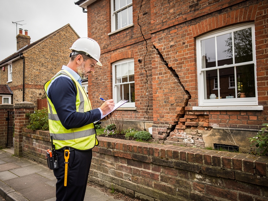 Chartered surveyor inspecting and measuring subsidence cracks in the wall of an East Sussex house during a structural assessment