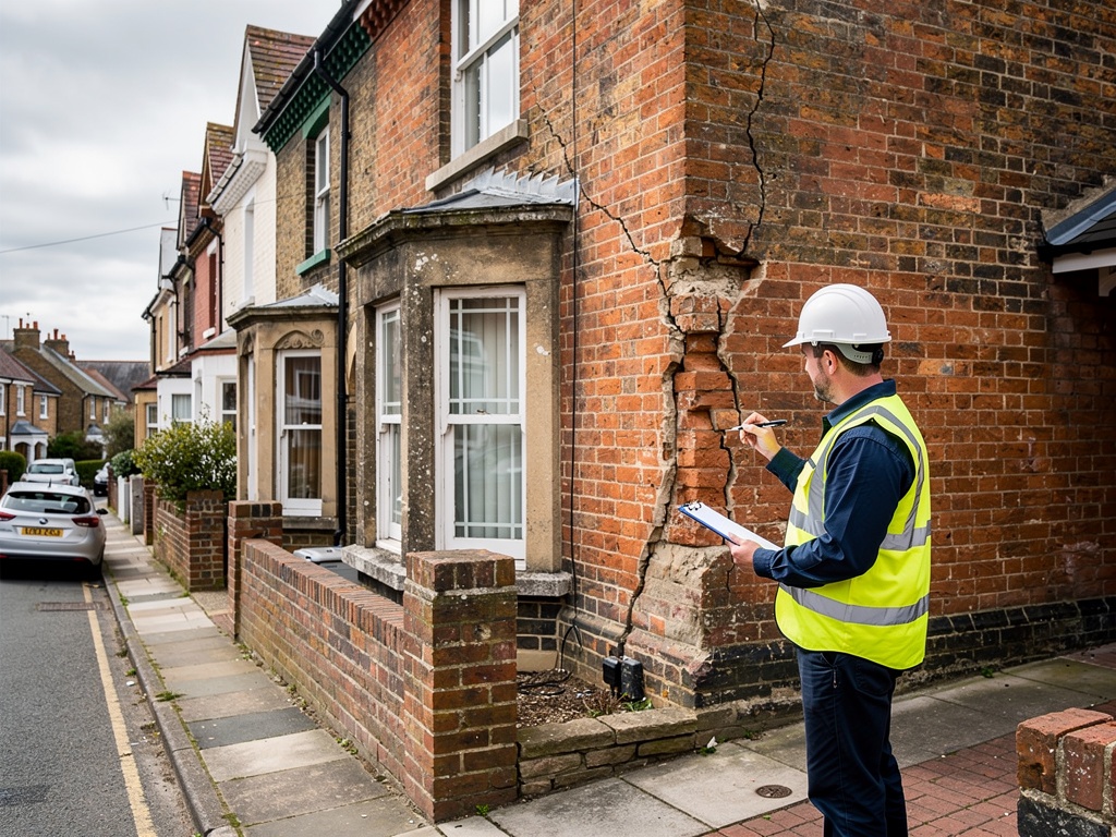 Building surveyor inspecting the exterior walls of a Victorian terrace house in East Sussex