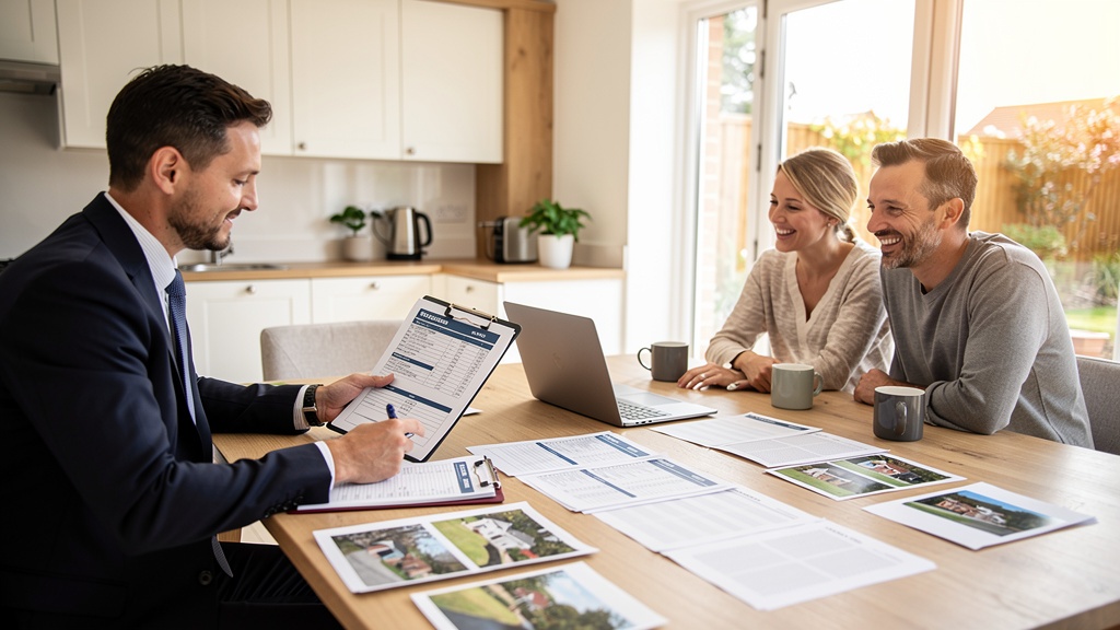 Surveyor explaining a RICS Level 2 home survey report to a couple at their home in East Sussex