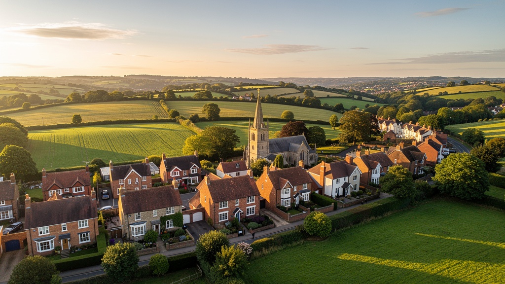 Aerial photograph of Crowborough town centre in East Sussex surrounded by rolling green countryside of the High Weald