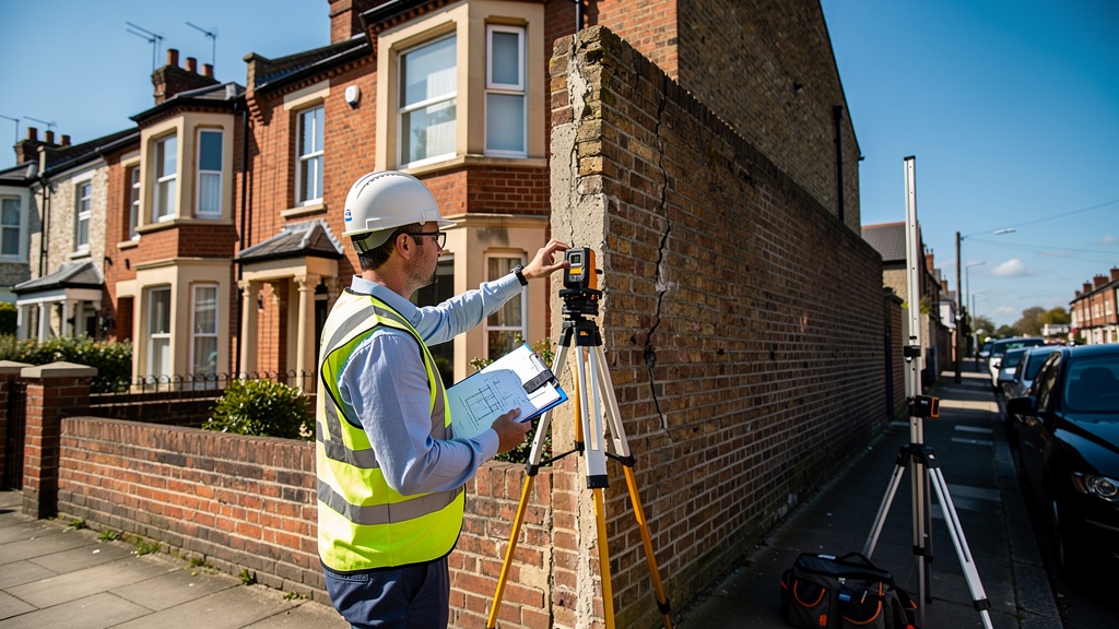 Building surveyor examining and measuring a shared party wall between two semi-detached properties in East Sussex before an extension project