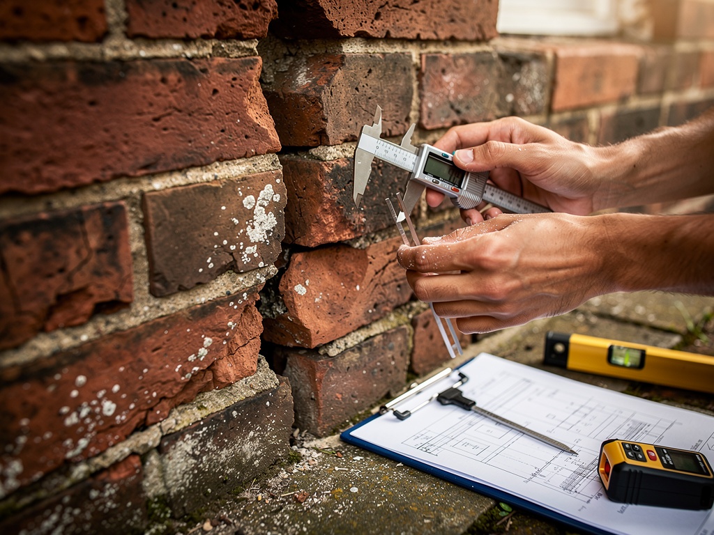 Close-up of a chartered surveyor examining structural cracks in a Victorian brick wall — a common defect in older East Sussex properties