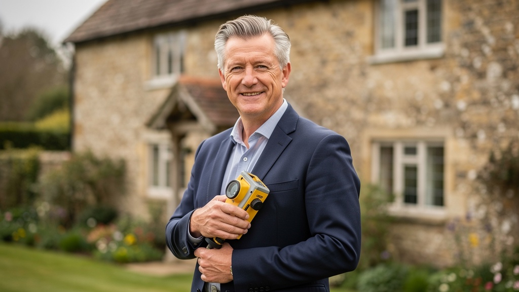 Robert Callahan, senior building surveyor at Crowborough Surveyors, standing outside a traditional East Sussex country cottage with survey equipment